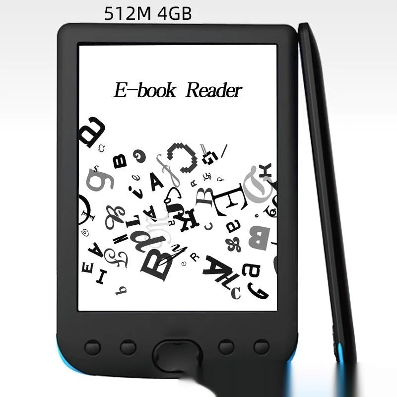 Black 6-inch e-ink screen e-book reader showing its front display and portable design.