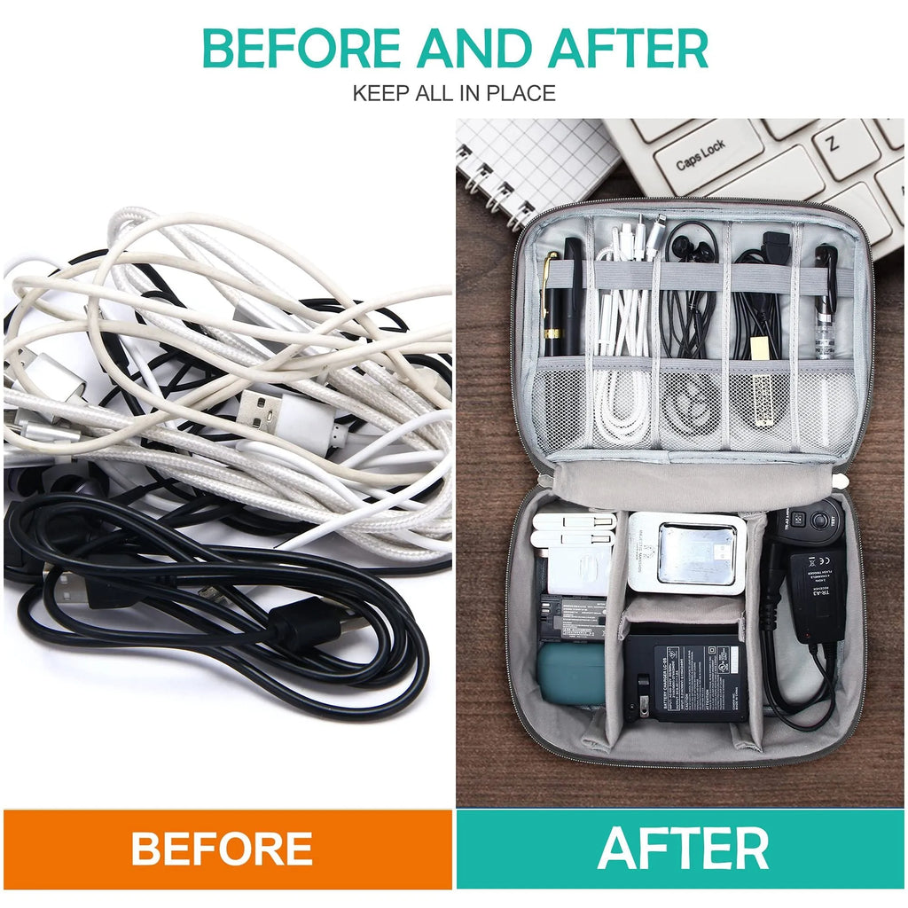 Black travel cable organiser bag open, showing mesh pockets, elastic loops, and removable padded dividers.