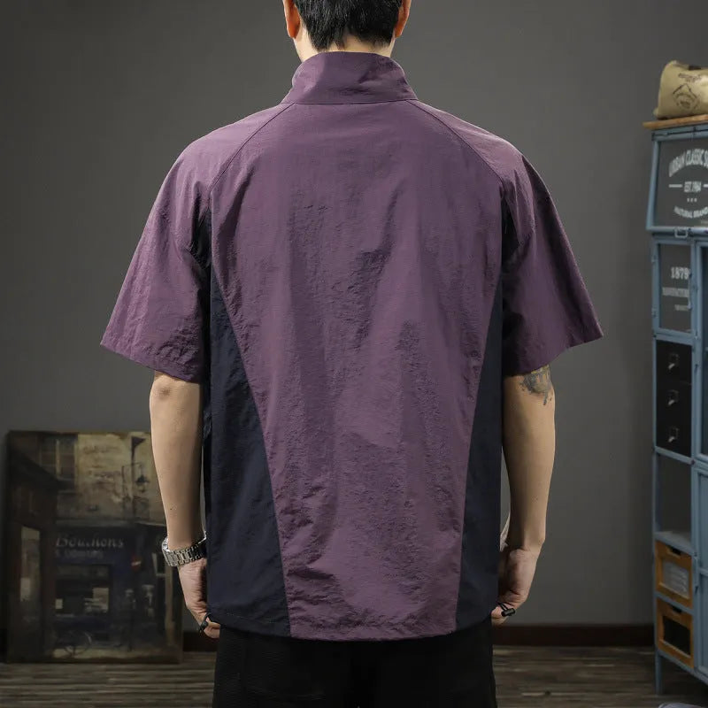 Men's brown ice silk business shirt with half-zip stand collar and short sleeves shown front view