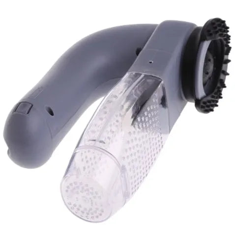 Grey handheld pet hair vacuum cleaner with soft rubber brush head for grooming dogs and cats.