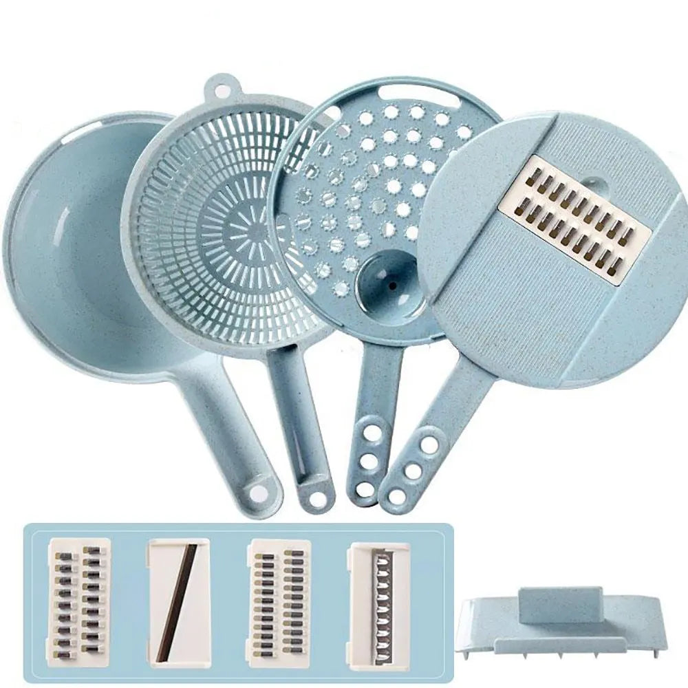 8-in-1 mandoline vegetable slicer with stainless steel blades and blue plastic body on kitchen counter
