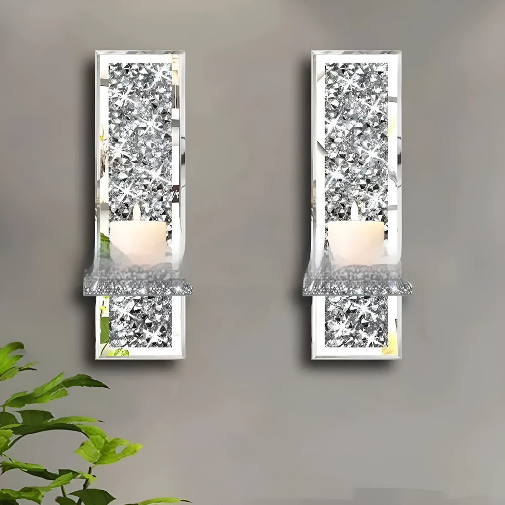 Pair of silver mirror glass wall candle holders measuring 10x11x38cm