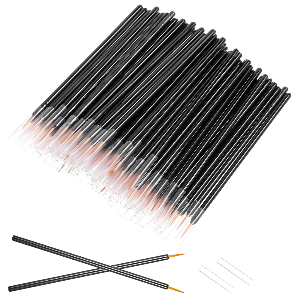 Pack of 100 black disposable eyeliner brushes with fine points and plastic sleeves.