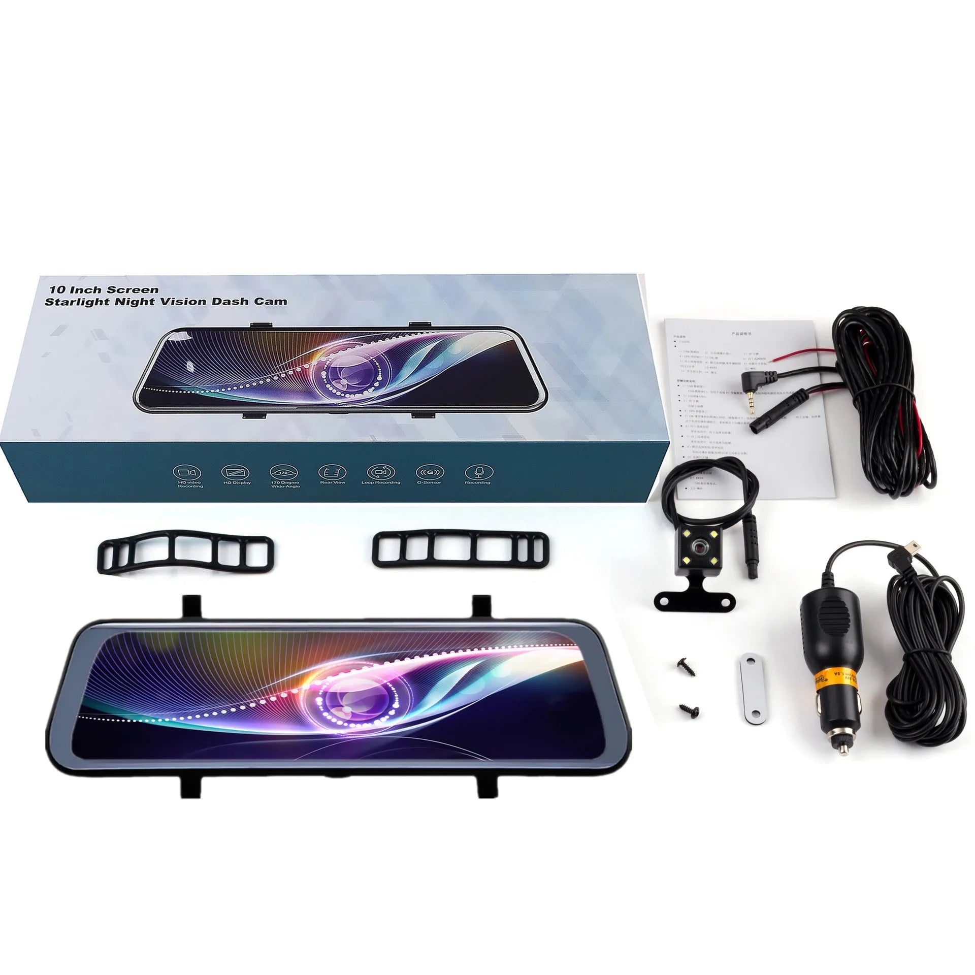 Black driving recorder rearview mirror with 10-inch touch screen displaying road footage