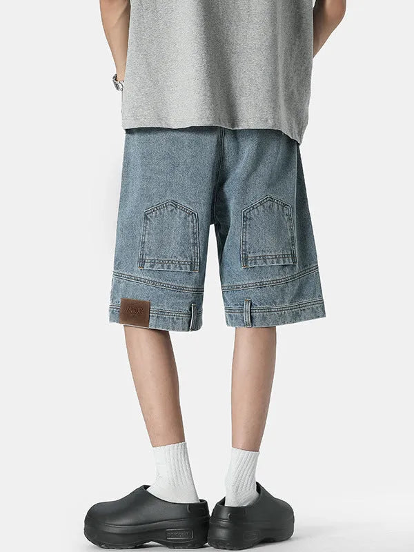 Men's loose straight Bermuda shorts in blue denim with mid waist and five-pocket design