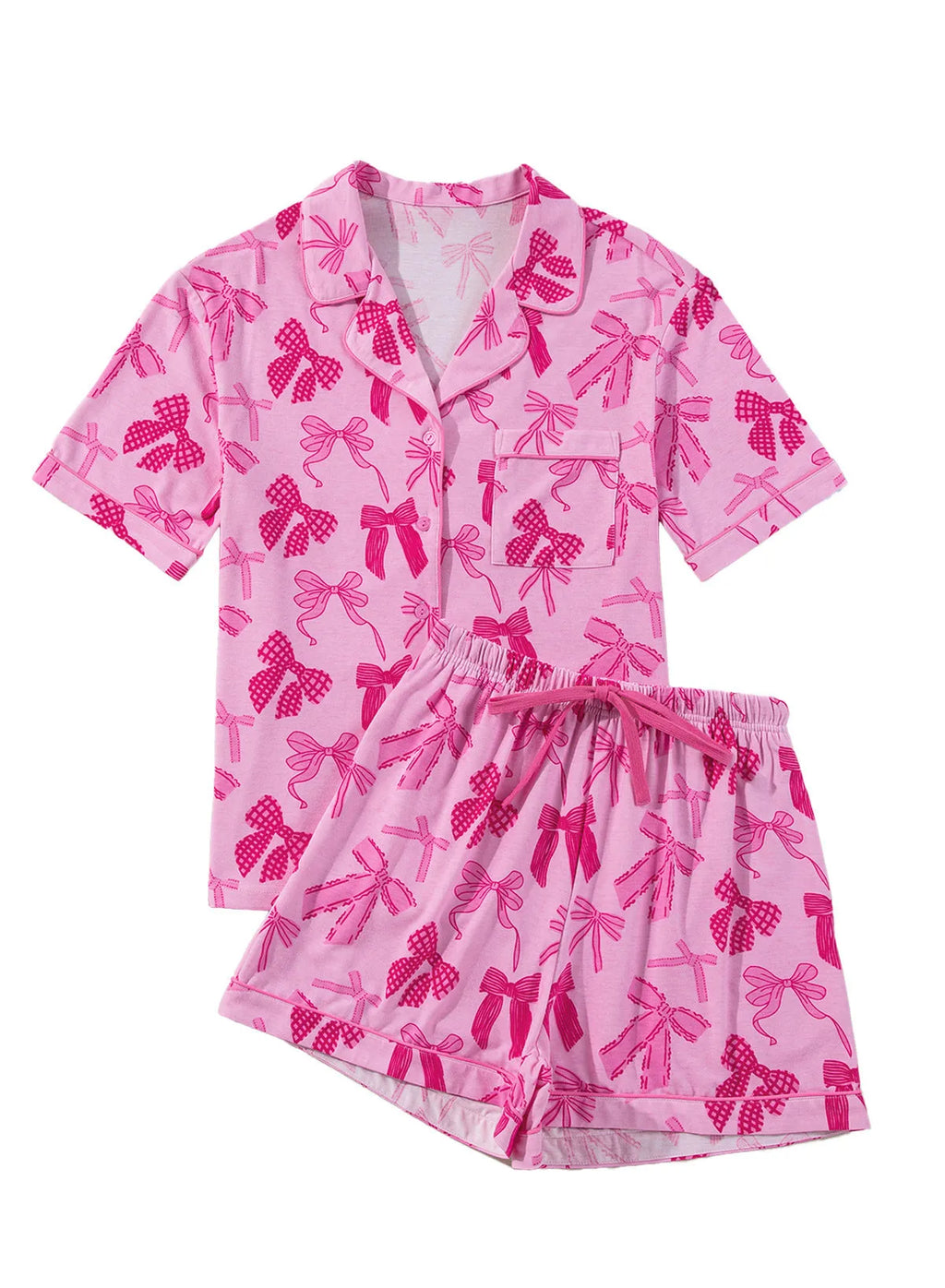 Pink bow print pyjama set with lightweight polyester fabric and simple two-piece design