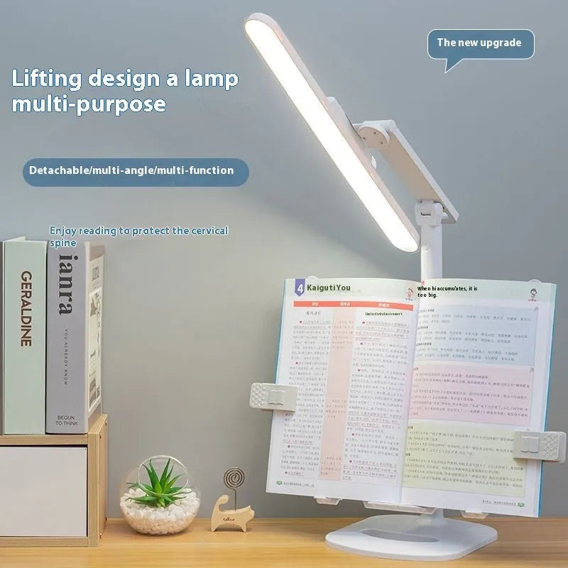 Multifunctional adjustable desk lamp with a built-in bookshelf shelf and three-speed colour temperature control.