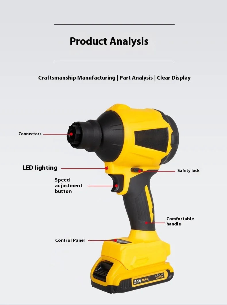 Yellow cordless dust gun with 18V lithium battery for office and appliance cleaning