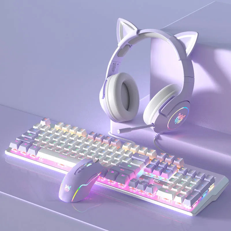 Purple mechanical keyboard and mouse gaming set with backlight and matching headphones