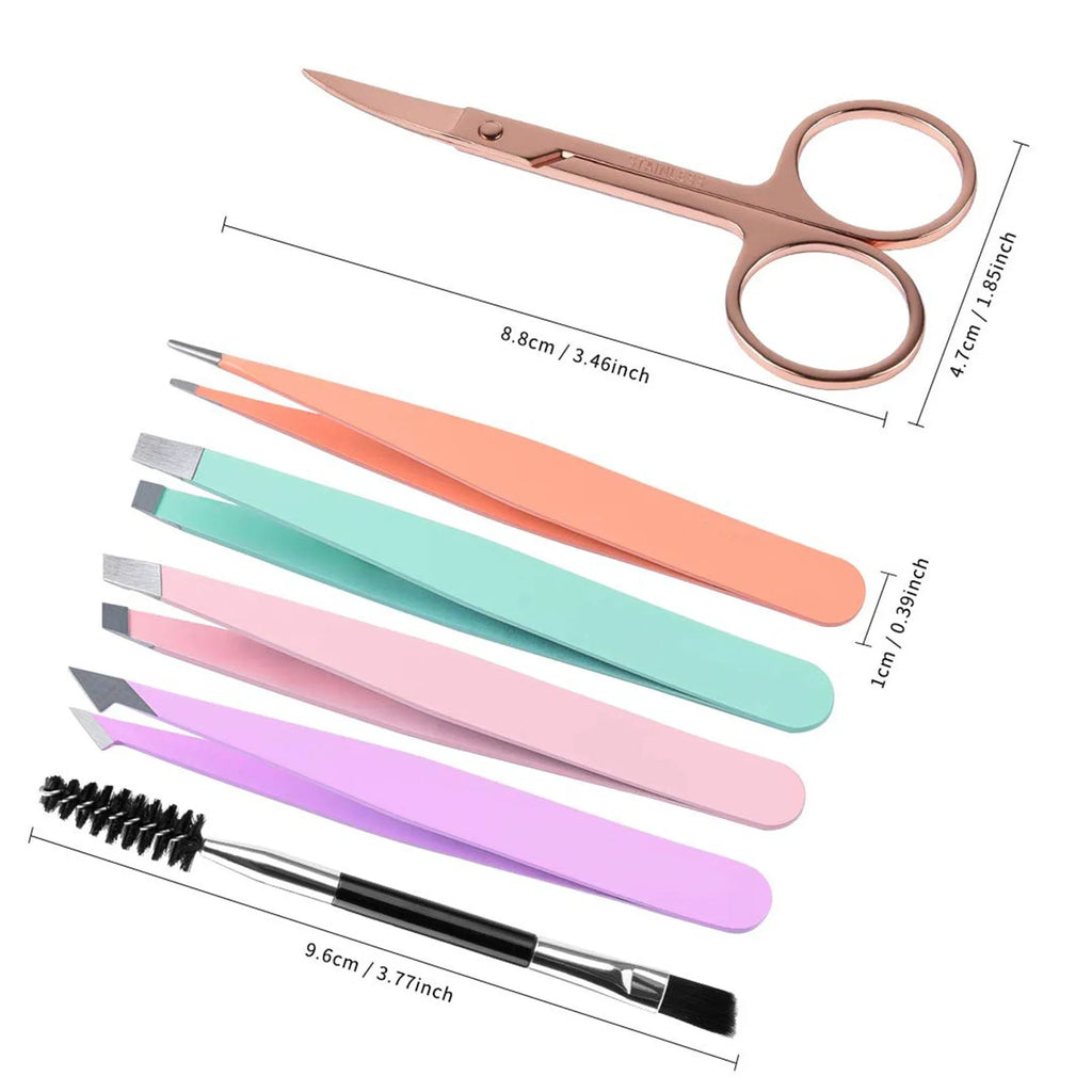 6-piece stainless steel eyebrow tweezers set with scissors, brush, and leather protective case