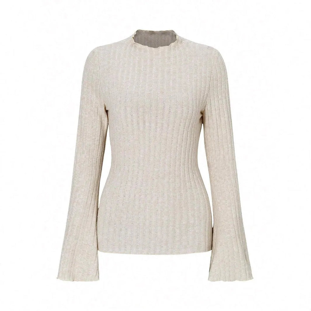 Black slim fit long sleeve top with lantern sleeves and a round neckline on a mannequin.