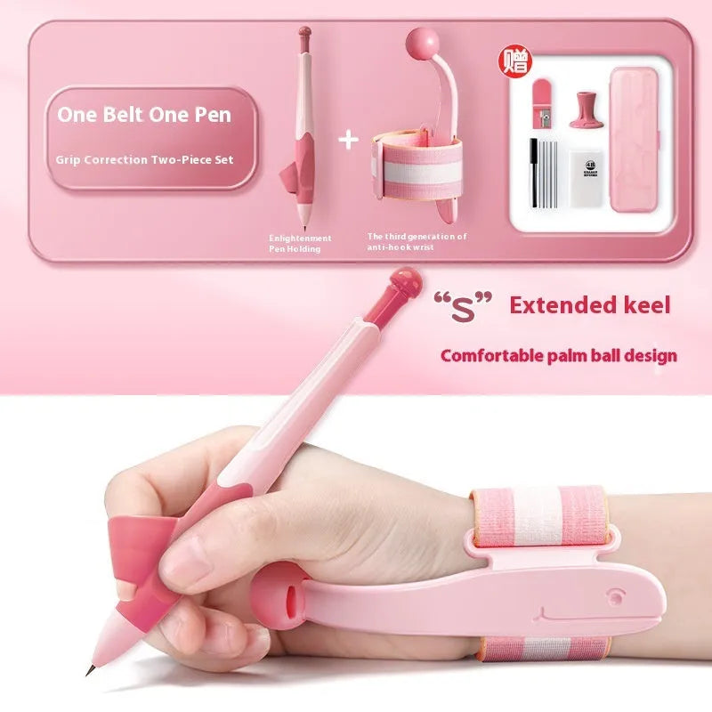 Anti-hook wrist brace pen control corrector for children's handwriting training in blue colour