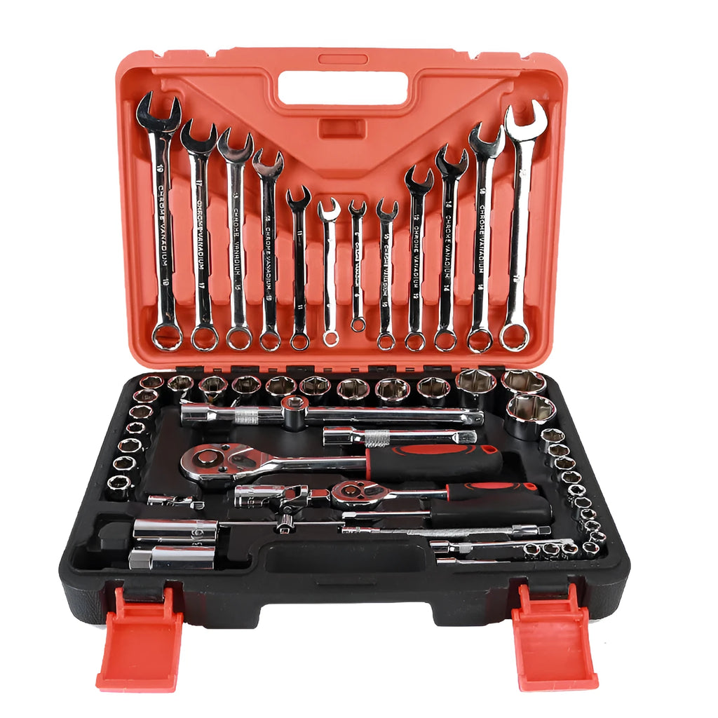 61-piece chrome vanadium steel auto repair socket wrench set with ratchets and metric sockets displayed.