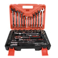 61-piece chrome vanadium steel auto repair socket wrench set with ratchets and metric sockets displayed.
