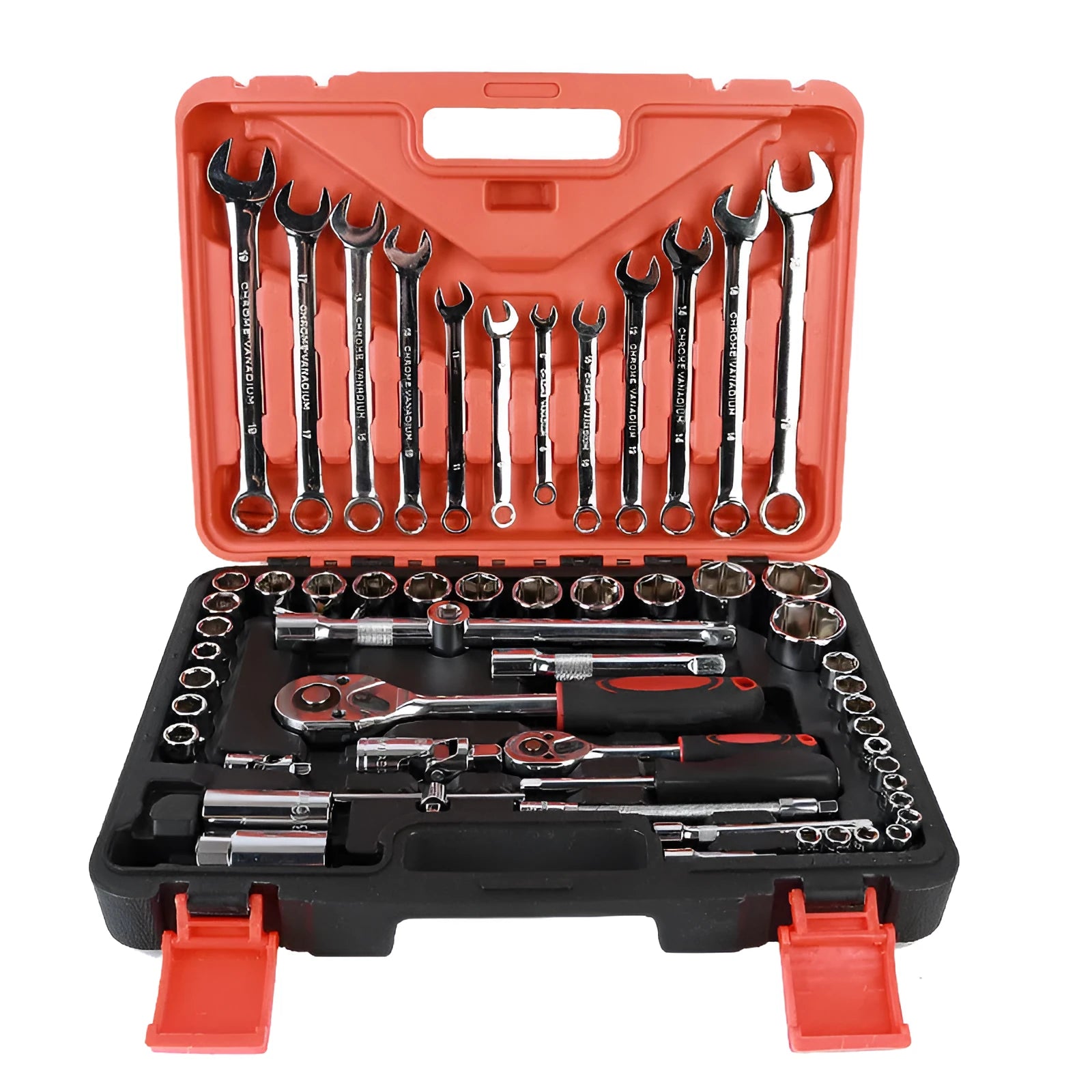 61-piece chrome vanadium steel auto repair socket wrench set with ratchets and metric sockets displayed.