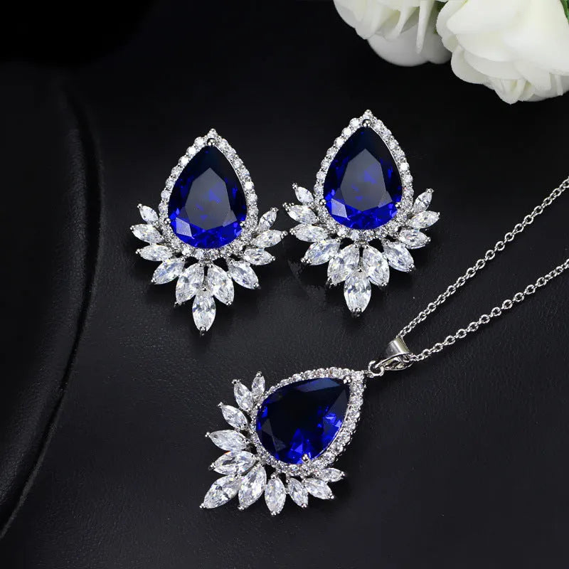 Complete bridal jewellery set on a AAA chain in blue, red, and white colour options for formal dinners.