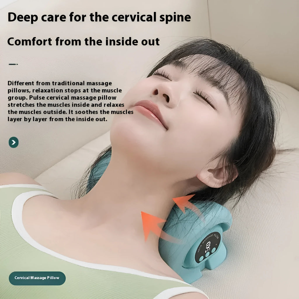 Blue-green cervical spine massage pillow showing compact 17cm design with hot compress and vibration functions