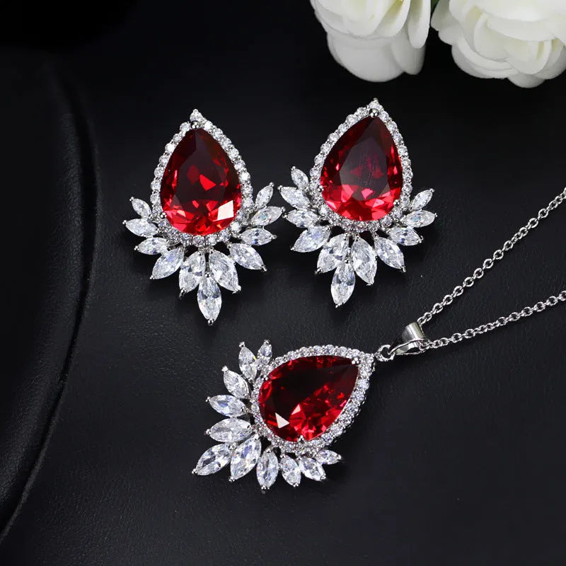 Complete bridal jewellery set on a AAA chain in blue, red, and white colour options for formal dinners.