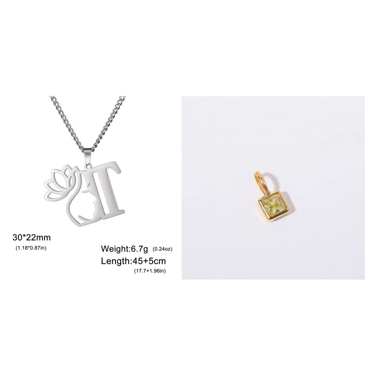 Stainless steel fashion necklace with cross chain and single pendant in gold or silver electroplated finish.