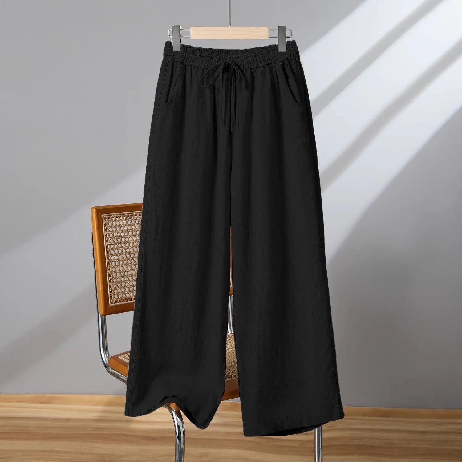 Women's straight-leg casual trousers with elastic waist and lace-up drawstring in apricot colour