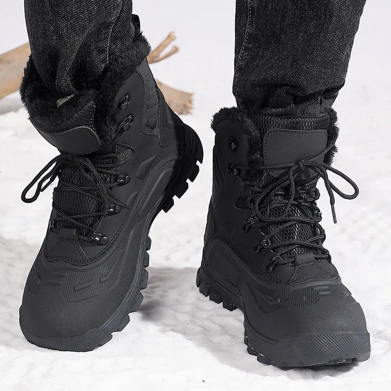 Men's black fleece-lined high-top boots with lace-up front and ribbed TPR sole