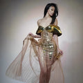 Gold strapless sequined evening dress with tulle accents and side split skirt