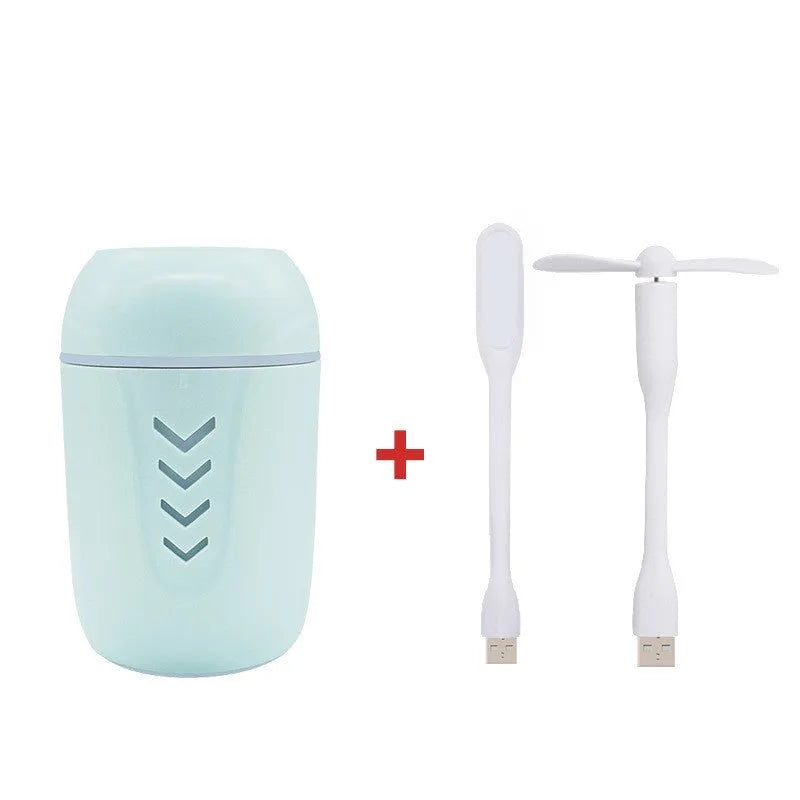 X3 portable car humidifier with columnar shape in blue, pink, or white colours showing USB port
