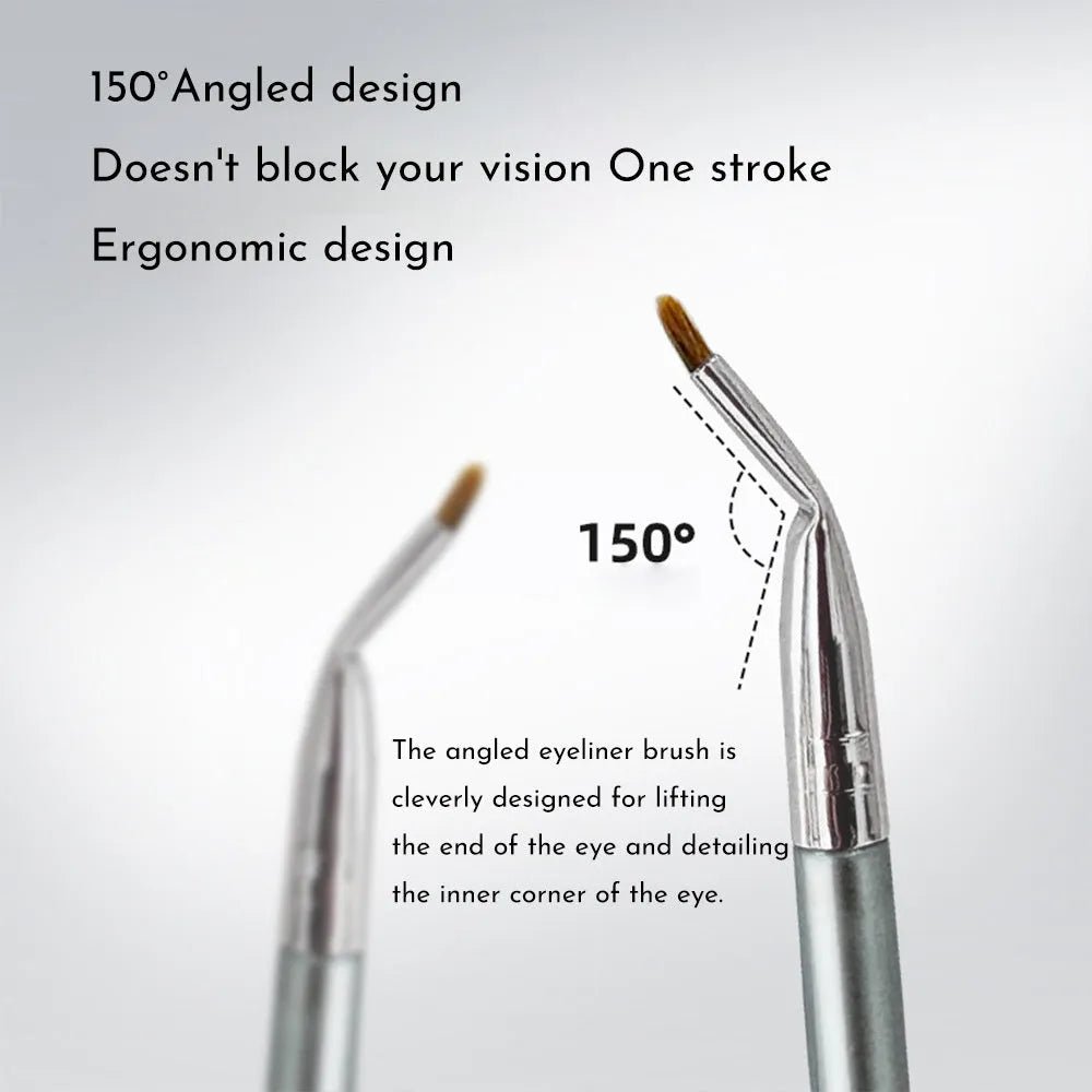Angled bend head eyeliner brush for under eye and tear trough makeup application