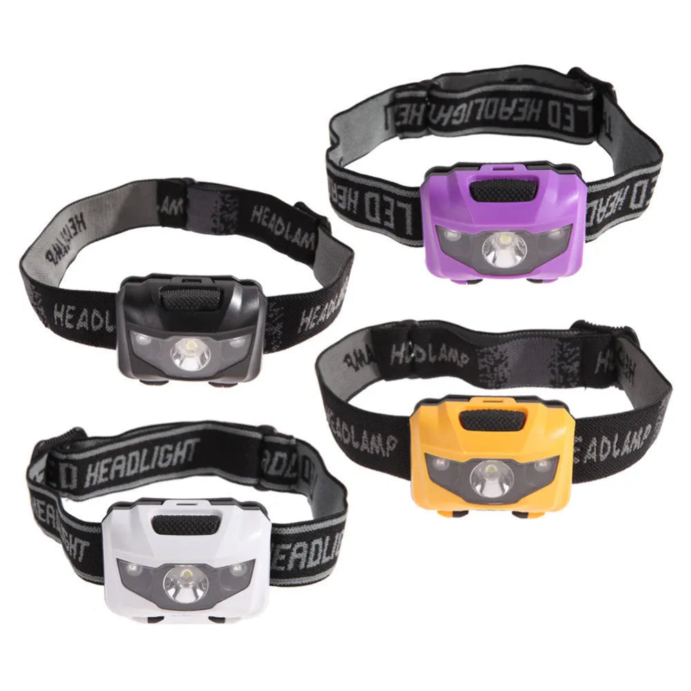 Head torch with adjustable strap showing white and red LED lights, waterproof housing