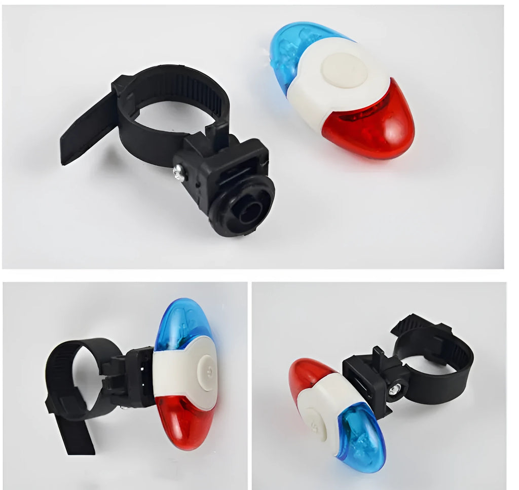 Red and blue LED bicycle tail light with adjustable mounting bracket.