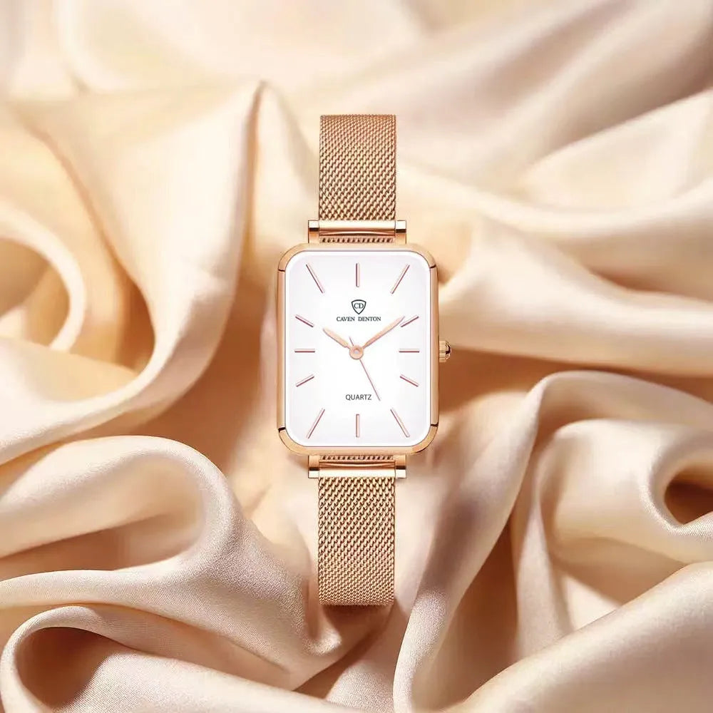 Women's waterproof quartz watch with woven steel strap and alloy case in rose gold or silver