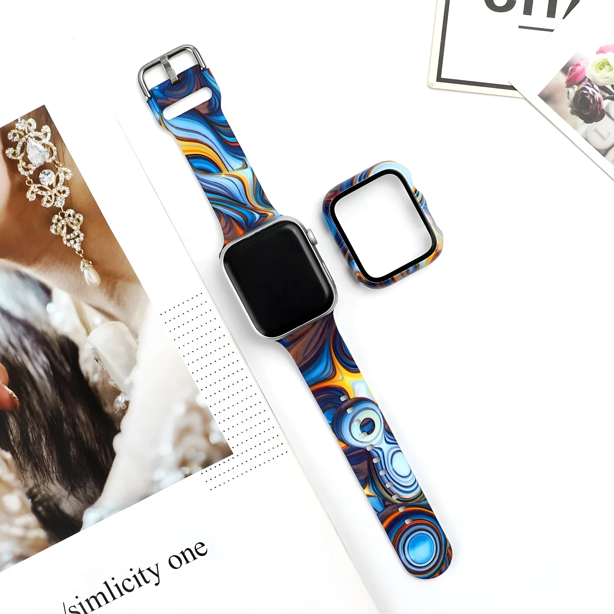 Printed silicone Apple Watch compatible strap shown in multiple design styles for 38mm 40mm 42mm 44mm cases.