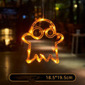 Halloween window hanging LED lights 7-piece set with spider pumpkin ghost designs on display