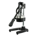 Black cast iron manual juicer with stainless steel strainer measuring 40cm in height