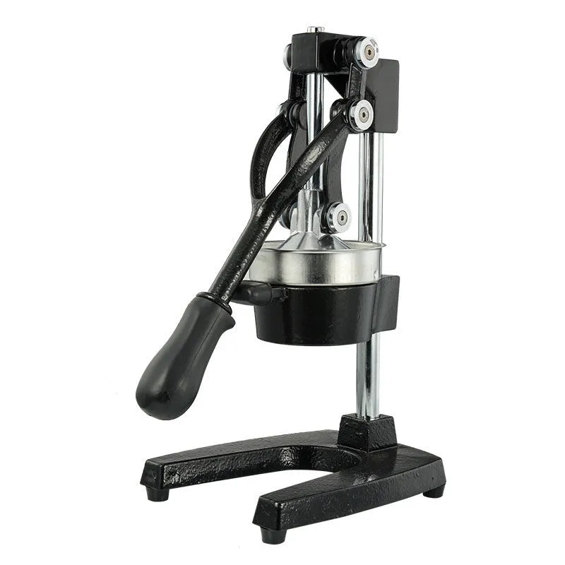 Black cast iron manual juicer with stainless steel strainer measuring 40cm in height