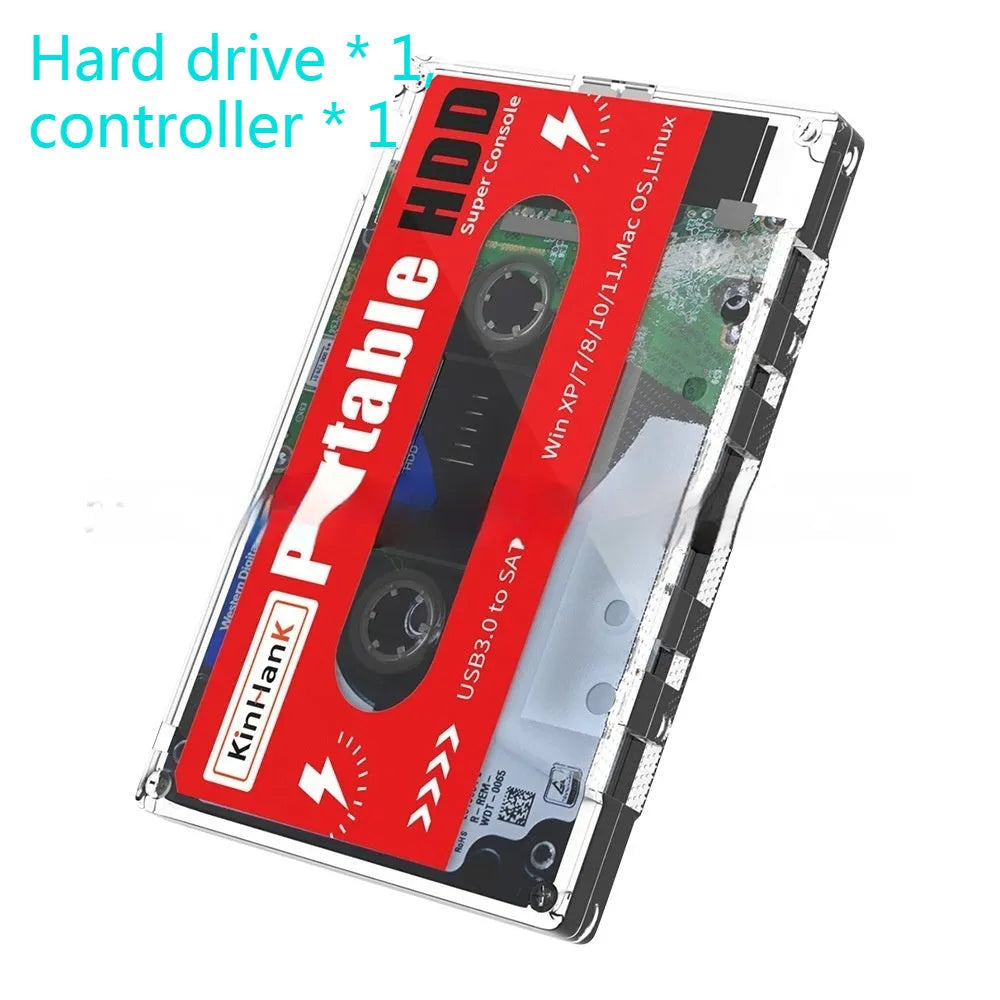 External 2TB mechanical hard drive with USB cable and protective storage box.