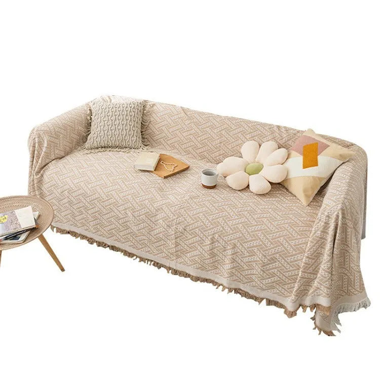 Solid colour polyester chenille sofa cover in khaki white plaid pattern, Nordic simple style, 180x180cm size