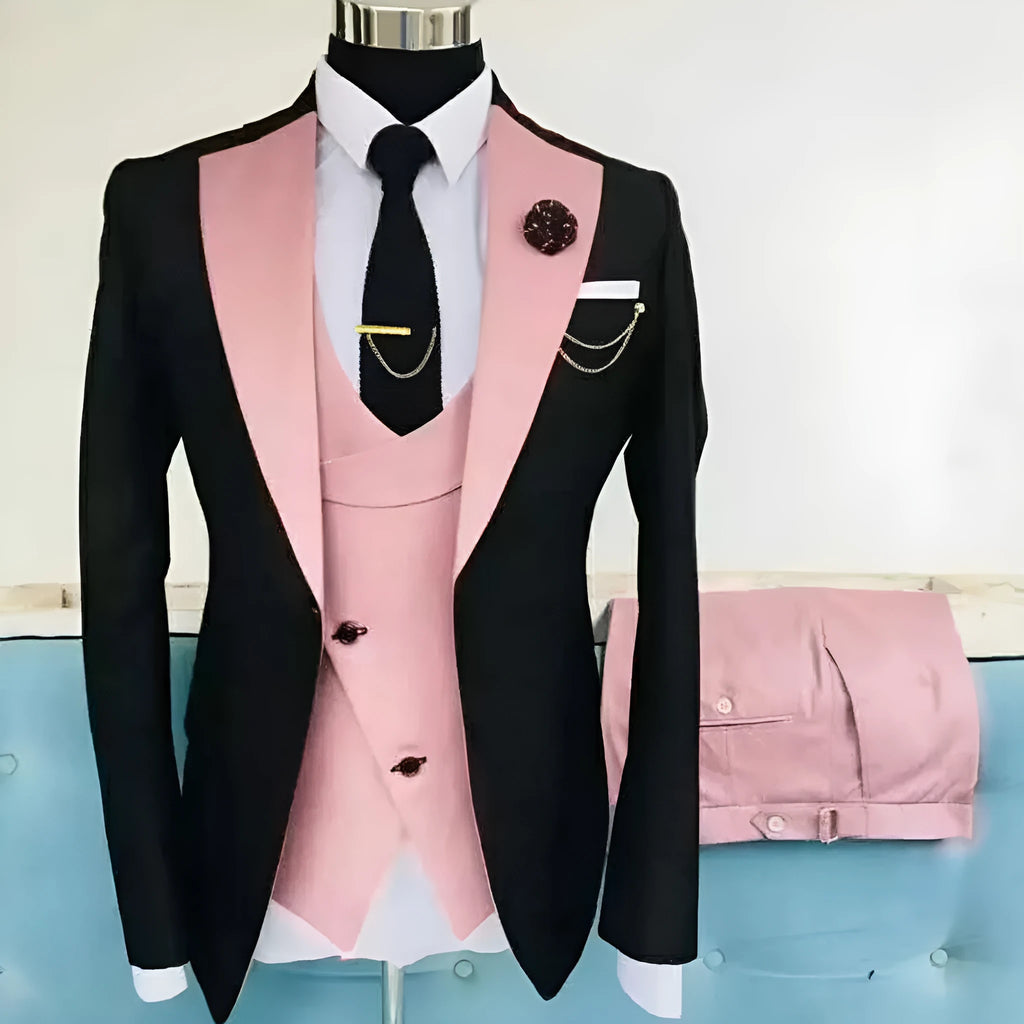 Men's black slim fit three-piece suit with vest and trousers on a hanger for formal weddings