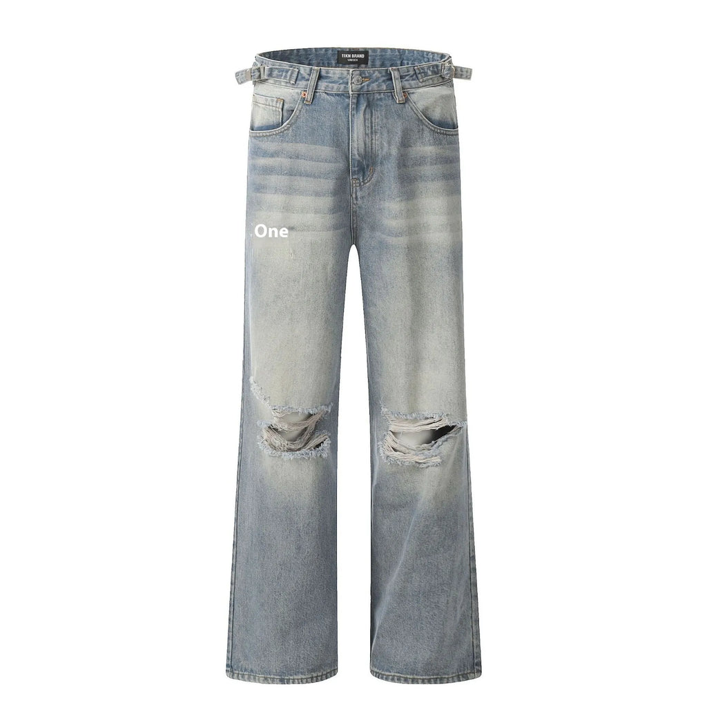 Blue straight-leg men's jeans with retro ripped detailing on cotton blend fabric