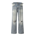 Blue straight-leg men's jeans with retro ripped detailing on cotton blend fabric