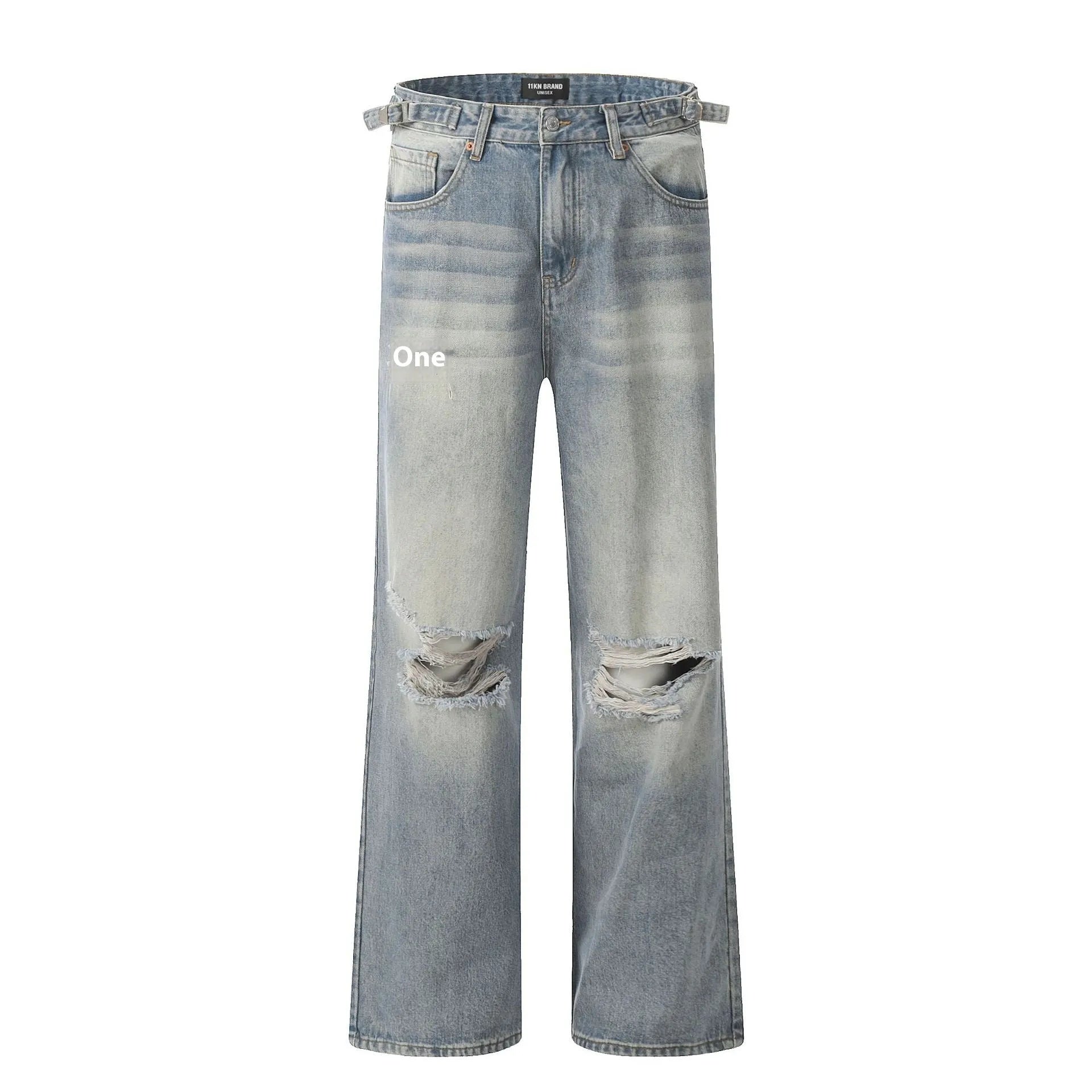 Blue straight-leg men's jeans with retro ripped detailing on cotton blend fabric