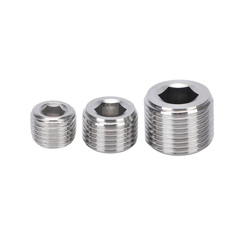 Stainless steel hexagon head pipe plug with a 3/8 inch BSP female thread.