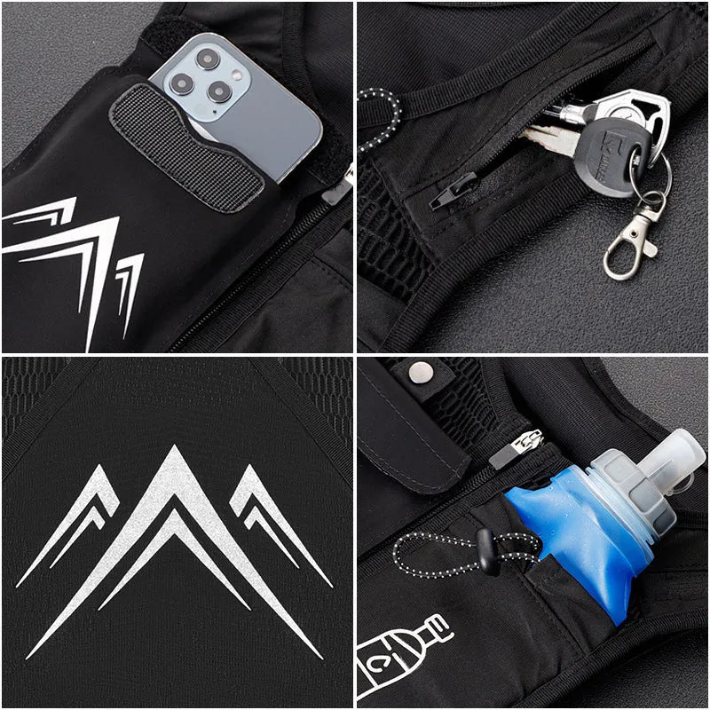 Breathable grey sports running vest with a front mobile phone pouch and a separate black water bottle bag.