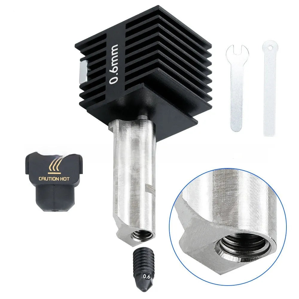 Bambu Lab A1 Mini hardened steel hot end assembly with multiple nozzle sizes and black silicone sleeve