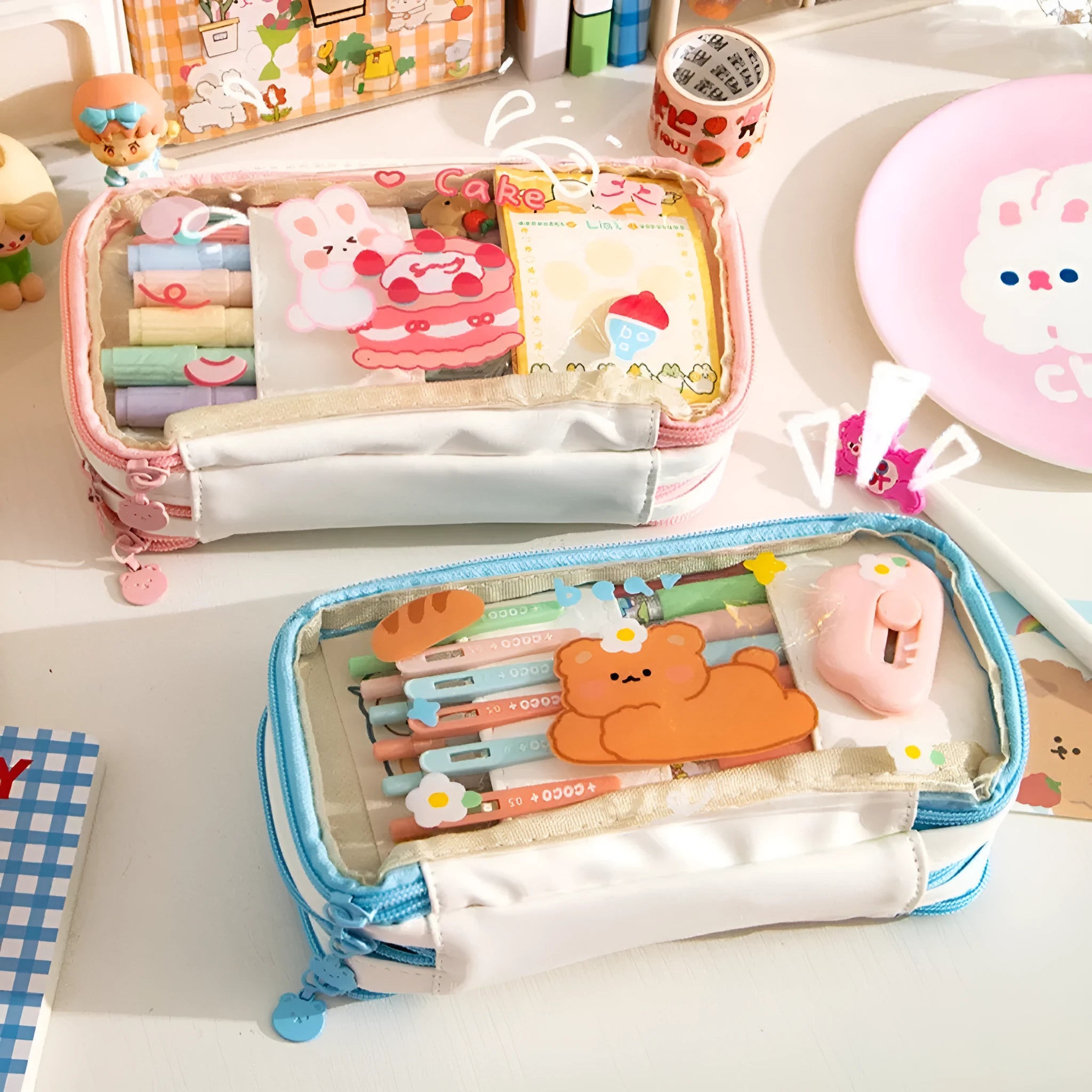 Japanese transparent heart-shaped pen bag with rabbit designs in red love rabbit and pink cake rabbit patterns