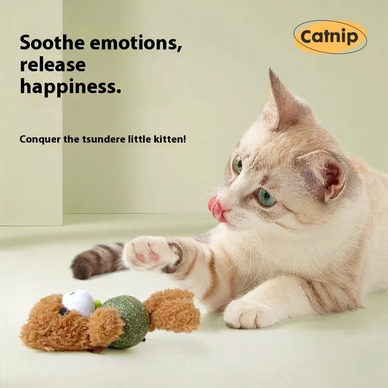 Plush catnip ball toy with bell in animal character design for cats