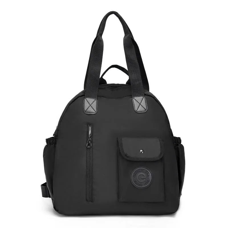 Outdoor large capacity nylon backpack in black with sandwich pockets and adjustable straps