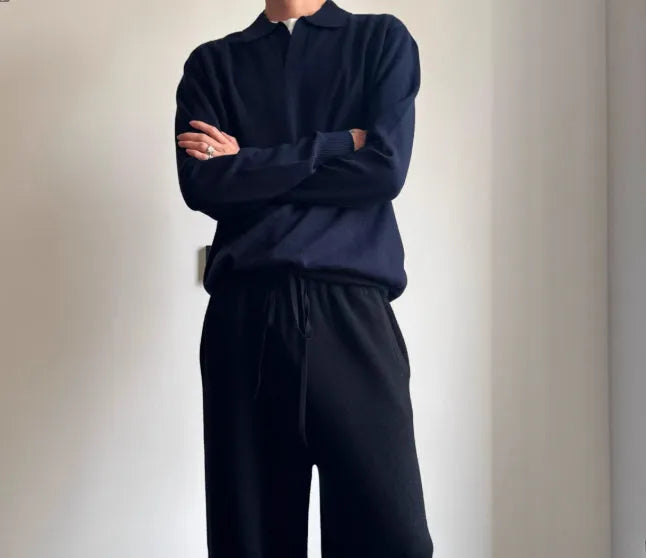 Men's pure wool polo sweater with lapel collar in milky white colour