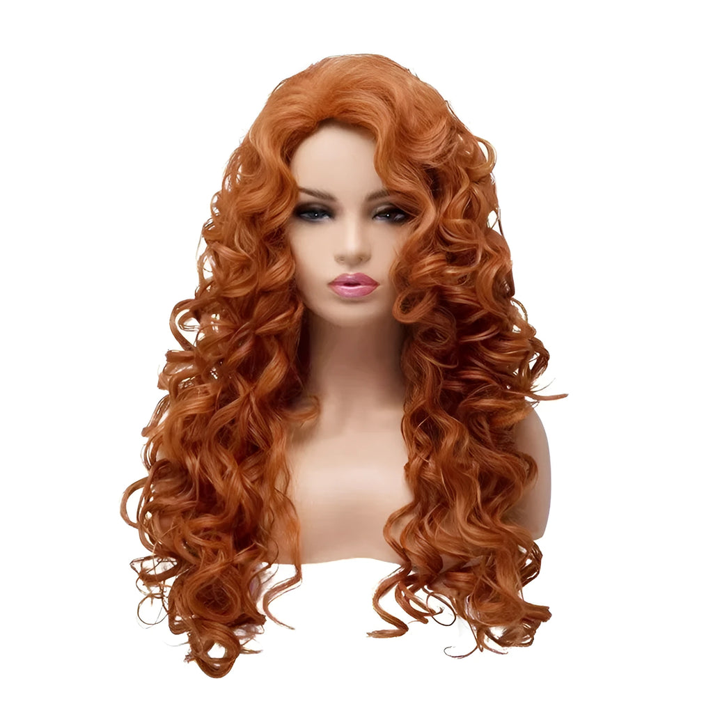 Brown long curly cosplay wig with wavy texture on wig head