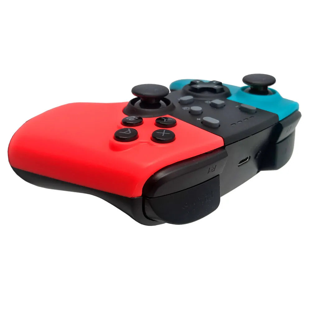 Wireless Bluetooth game controller for Nintendo Switch with analogue sticks and coloured action buttons.